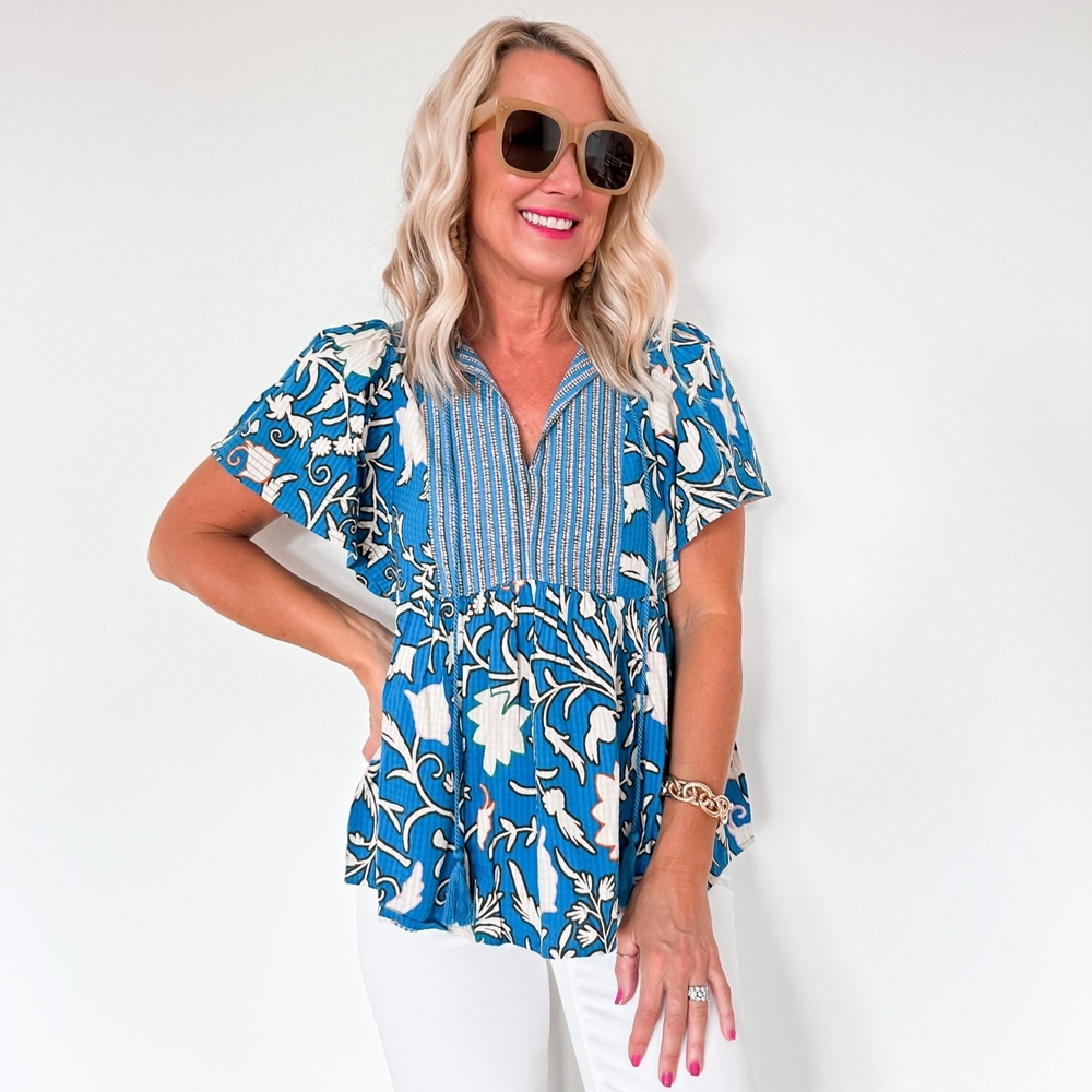 Knox Rose Blue and Cream Patterned Blouse